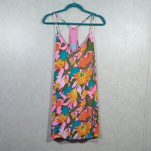 2/$25 04168 Judith Mark neon pink w/orange & teal floral print dress L